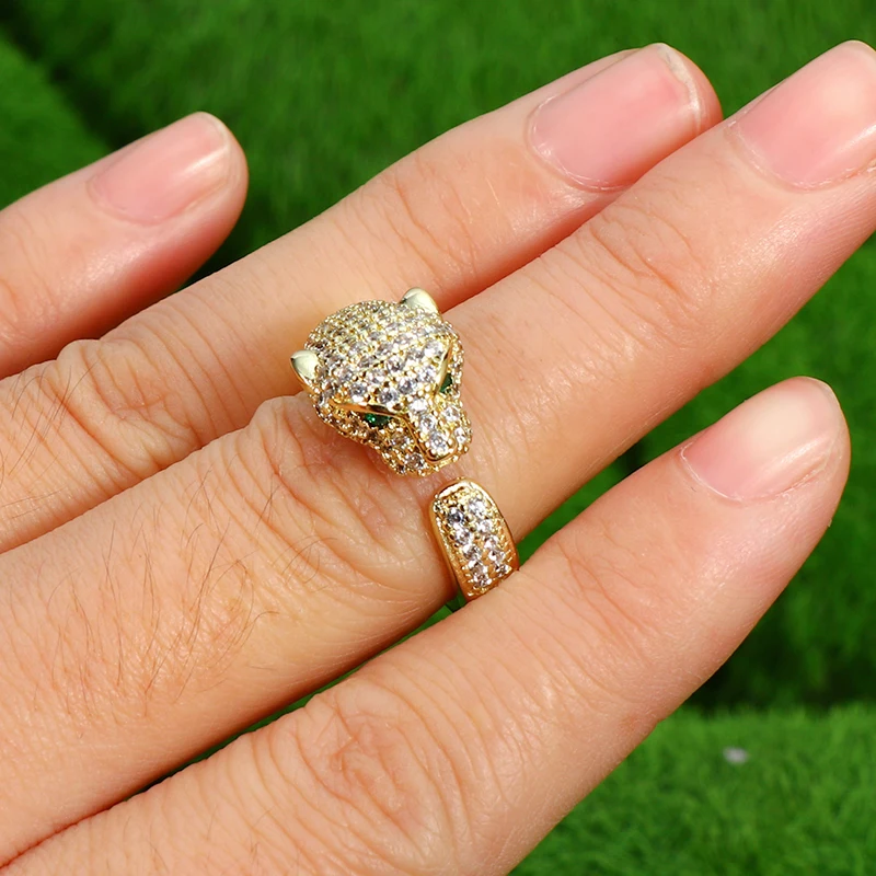 Real 18k Gold Plated Crystal CZ Animal Leopard Open Rings Adjustable Micro Pave Cubic Zirconia Cheetah Finger Ring for men