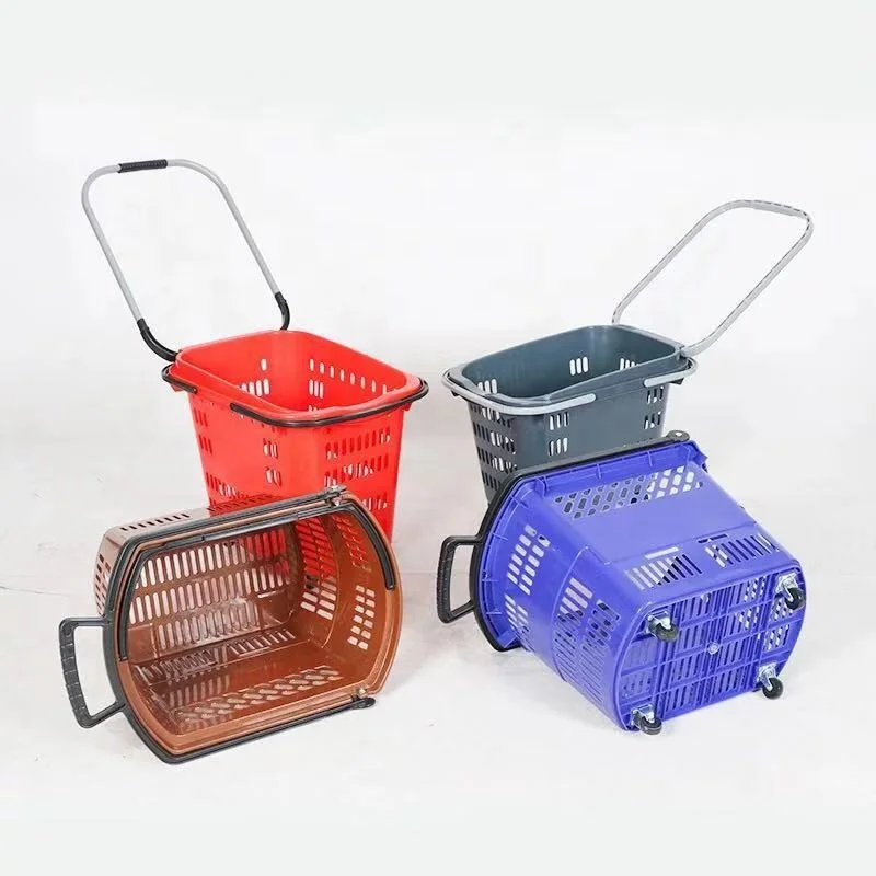 Hot sale new style plastic material with wheel shopping plastic basket for shop