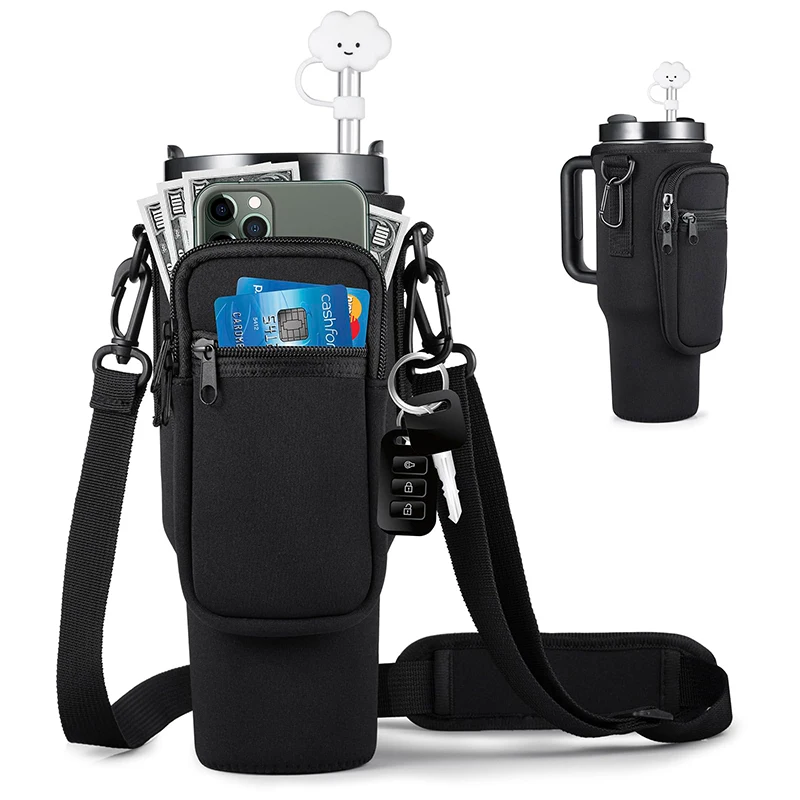 OEM Adjustable Strap Neoprene Water Bottle Carrier Bag 40oz Tumbler Cup Holder Quencher Sling Bag With Front Zipper Pocket