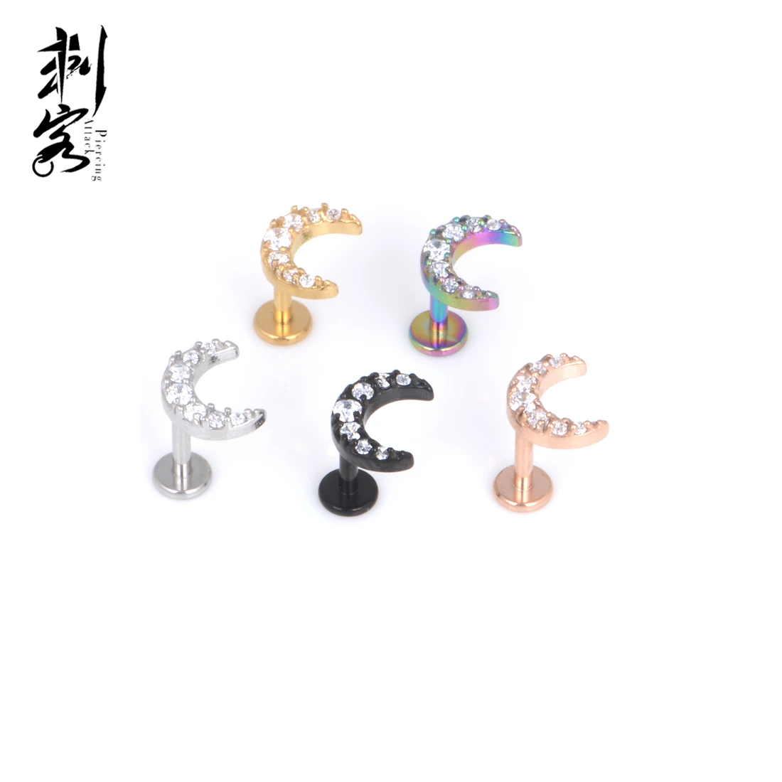 316L Surgical Steel  Internally Threaded 7 CNC Set CZ Crescent Moon Top