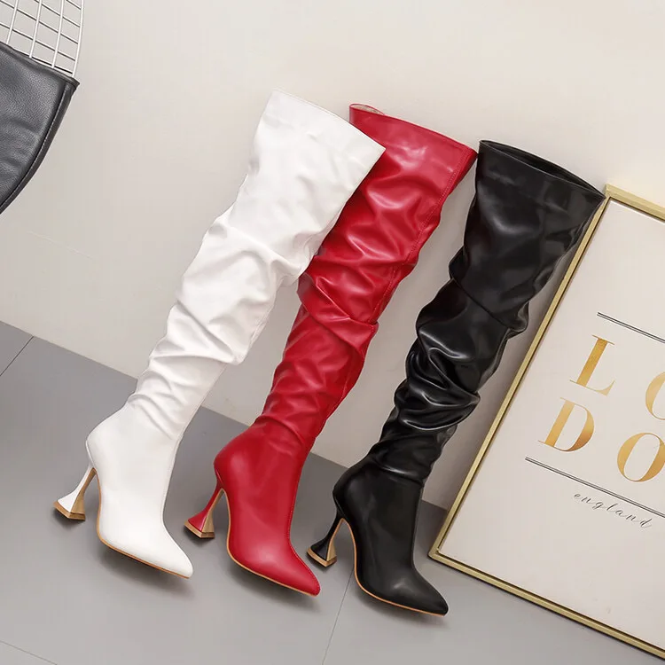 Botas Largas De Mujer Big Size Stocking Tube Fashion Kitten Heel Over the Knee White Thigh High Women Boots