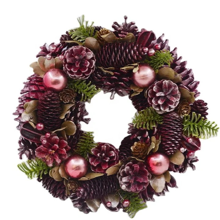 
wholesale christmas wreath metal red color pinecone with ball indoor and outdoor decoration 