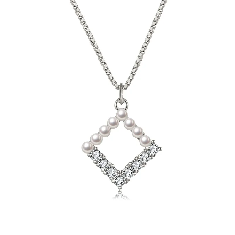 Wholesale Fashion Sterling Silver Pearl Diamond Necklace Women Geometric Pendant Bridal Jewelry