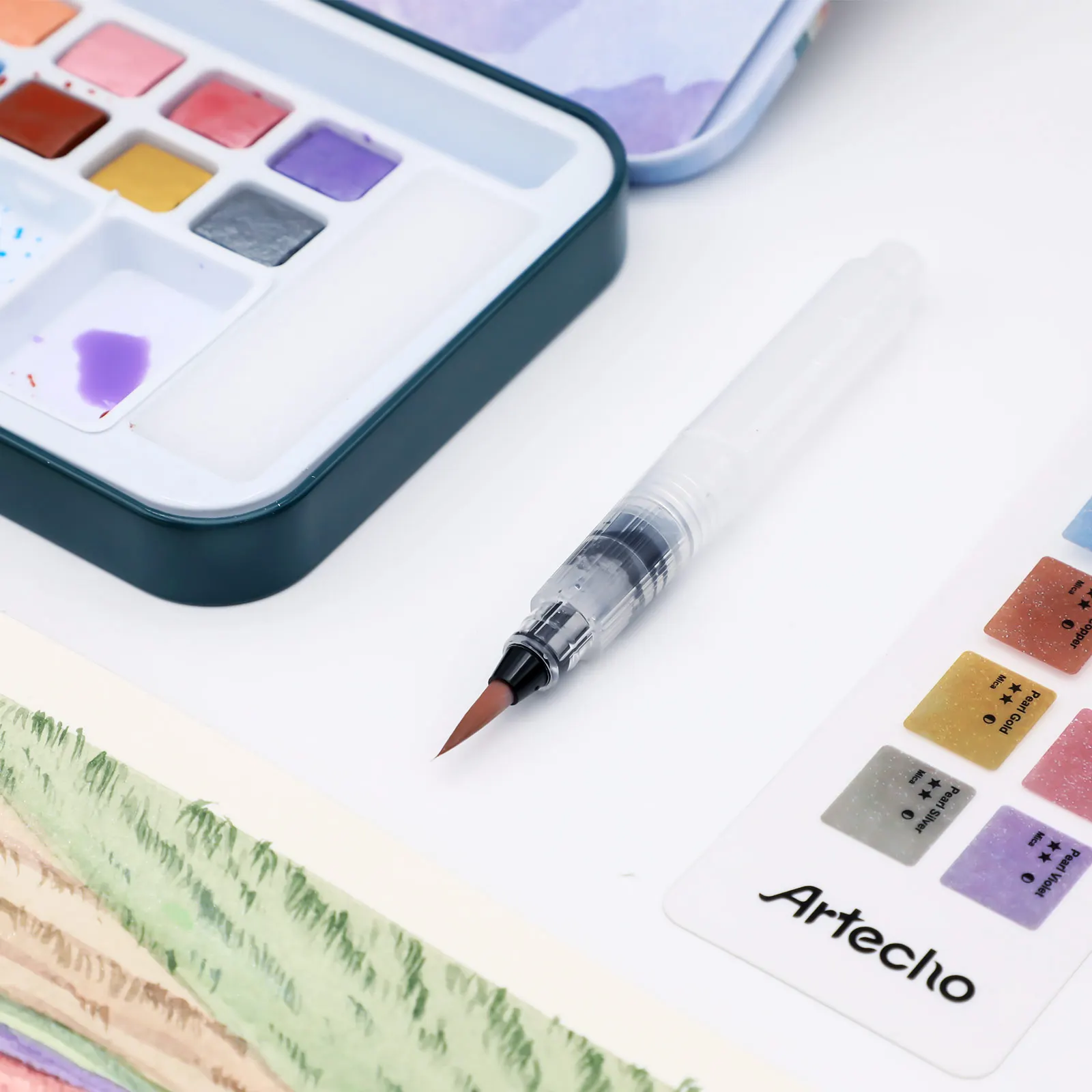 Artecho Watercolour Paint Set with 12 Metallic Colors, Including Water Brush Pen, Sponge and blank color chart in watercolor