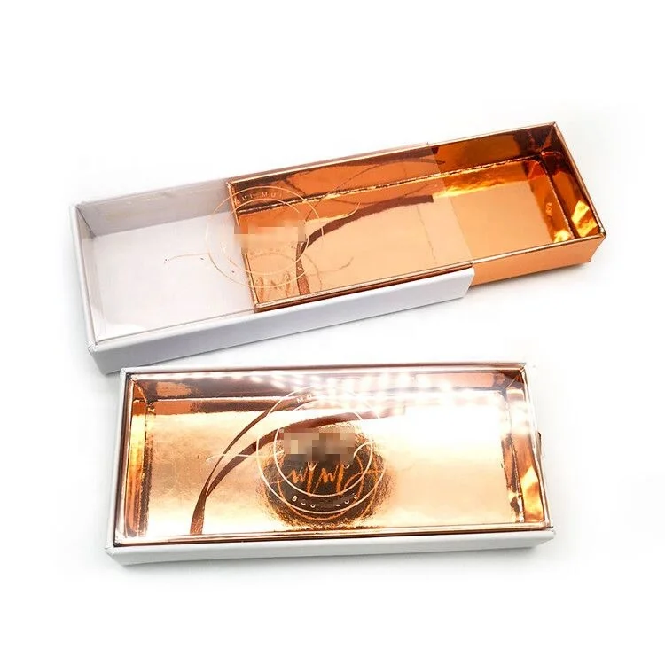 
Elegant luxury rose golden paper slide drawer eyelash box packaging with clear cover PVC window pull out package case 