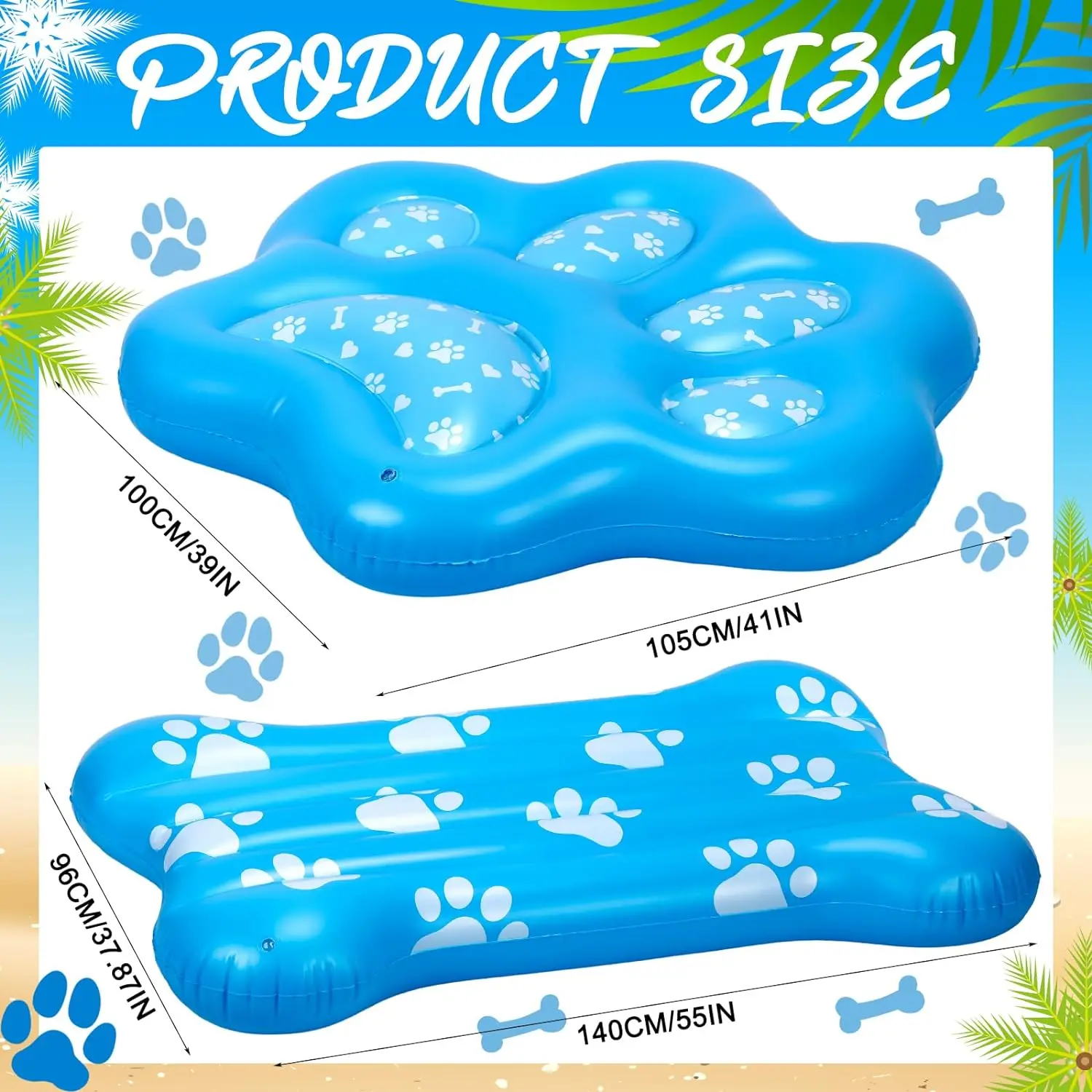 2PCS Inflatable Dog Floating Raft for Summer Pool Durable and Foldable Pet Pool Rafts Ride-on with Footprint and Bone Patterns