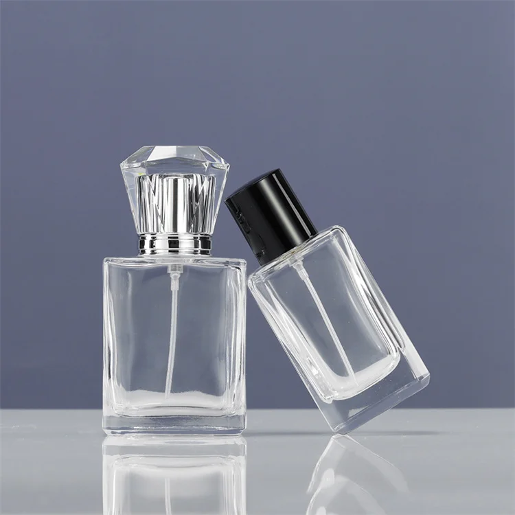 wholesale 50 ml empty clear square glass perfume 50ml bottle with crystal gemstone cap