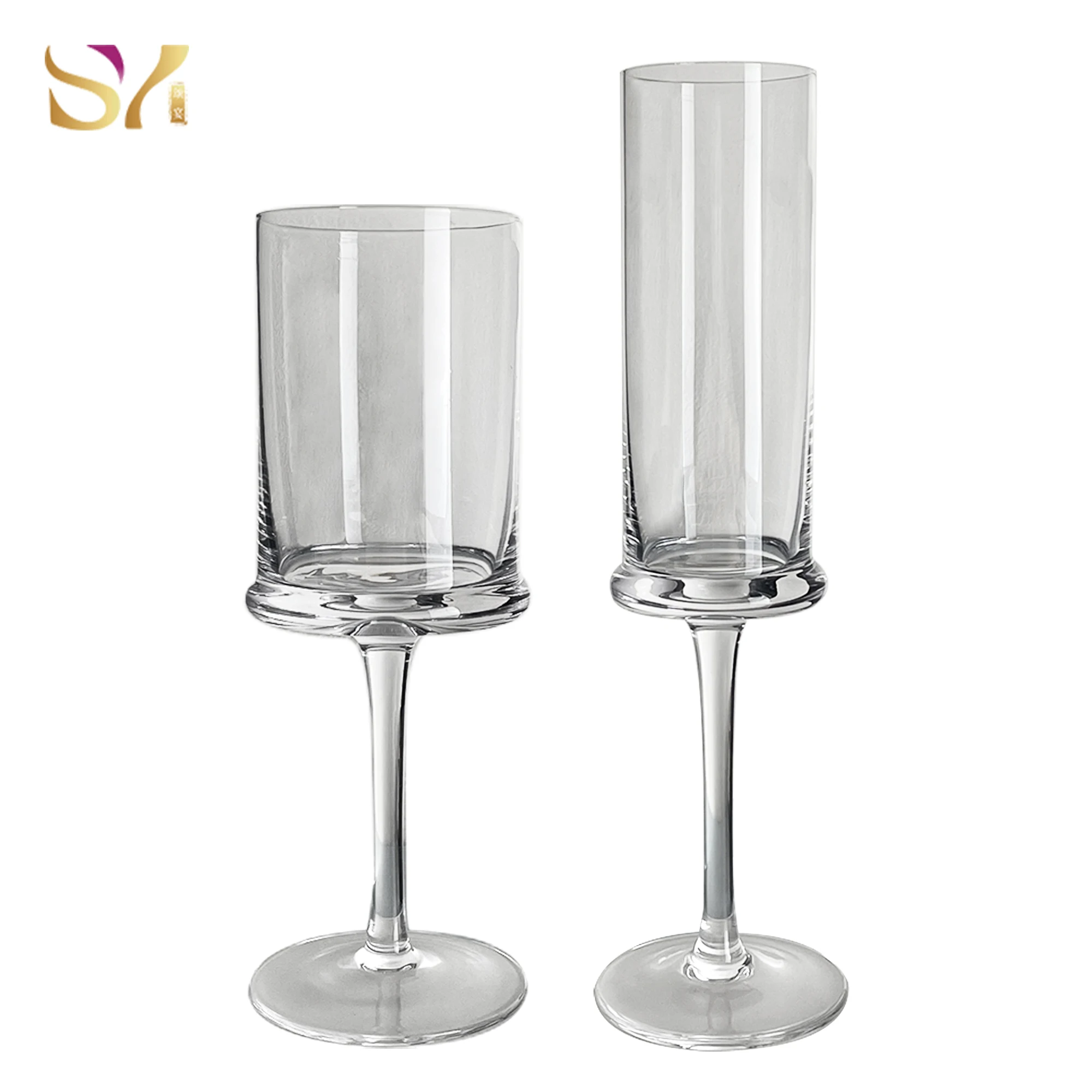 Hot selling creative straight edge design cylinder goblet wine champagne glass crystal drinkware cups set