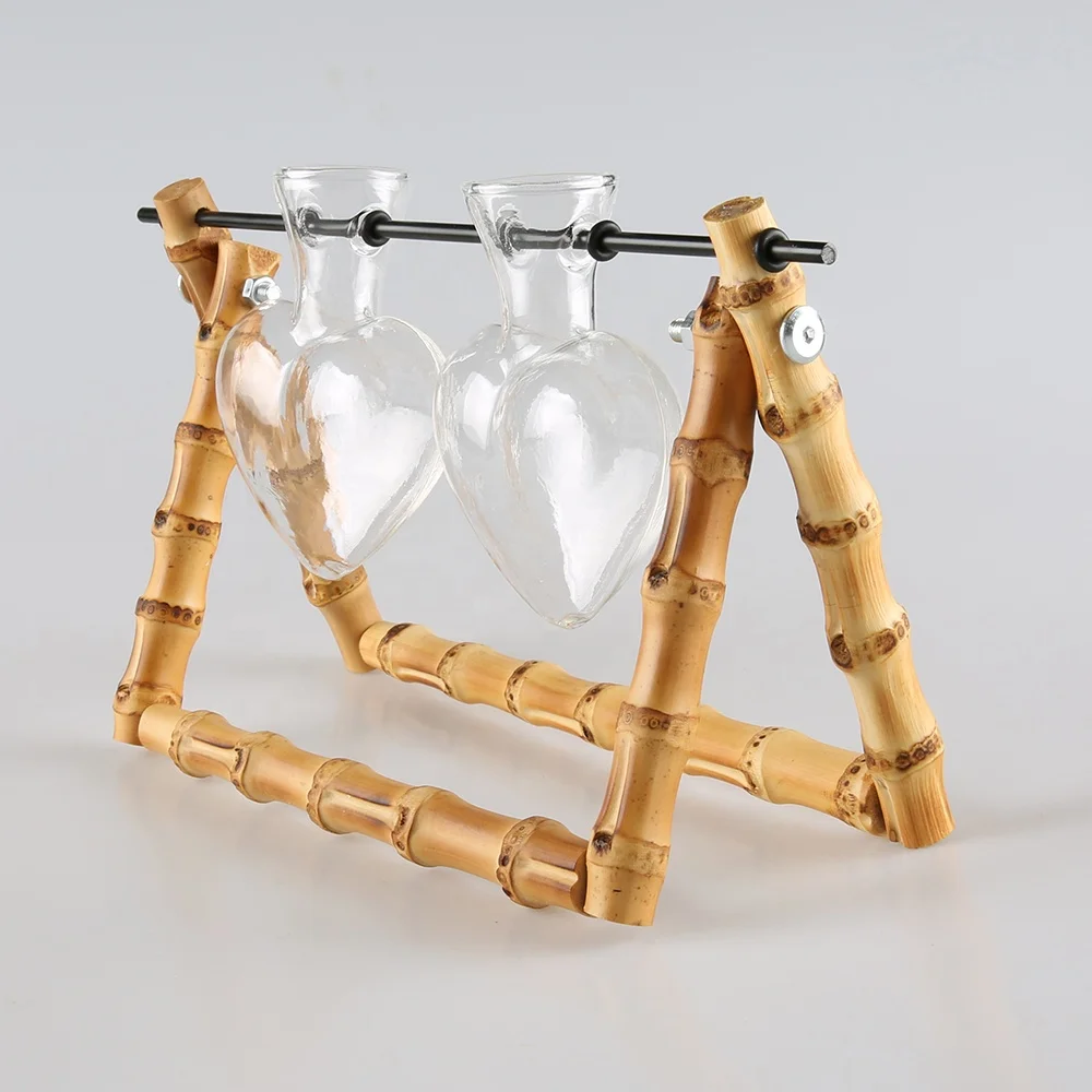 Desktop Decoration Heart Glass Bamboo Root Wooden Stand Propagation Stations Hydroponics Planter Water Air Plant Terrarium Vase