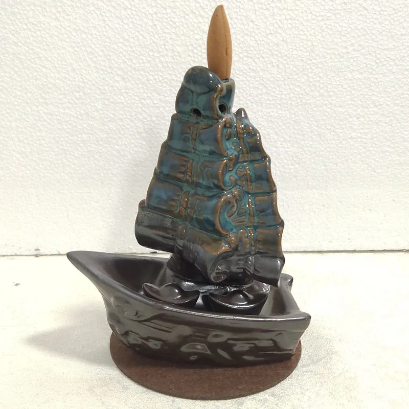 Ywbeyond New Design Ceramic Censer Sailing Boat Backflow Incense Burner Incense Cone Holder Waterfall