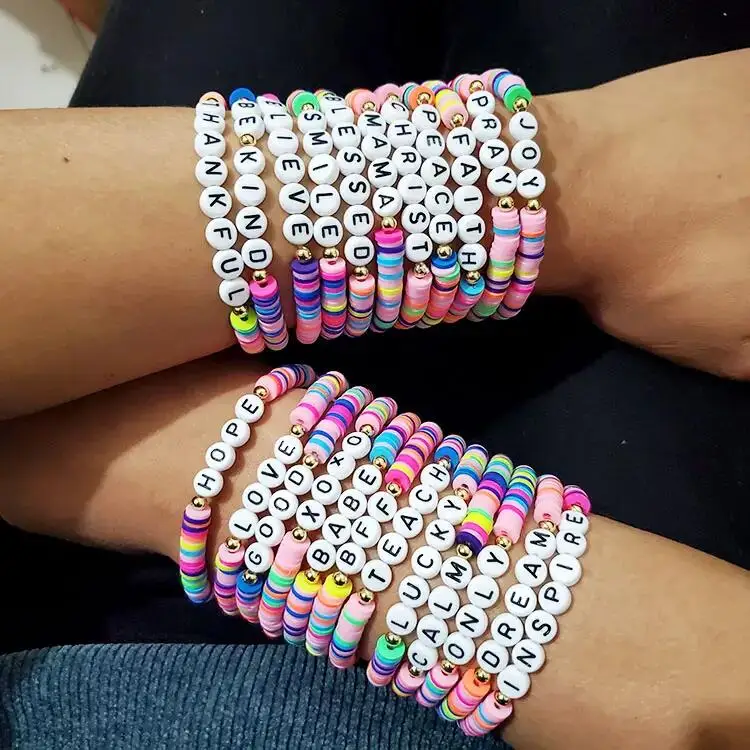 European and American Bohemian Colorful Rainbow Polymer Clay Bracelet Disc Heishi Beaded Words Initial Letters Bracelet Custom