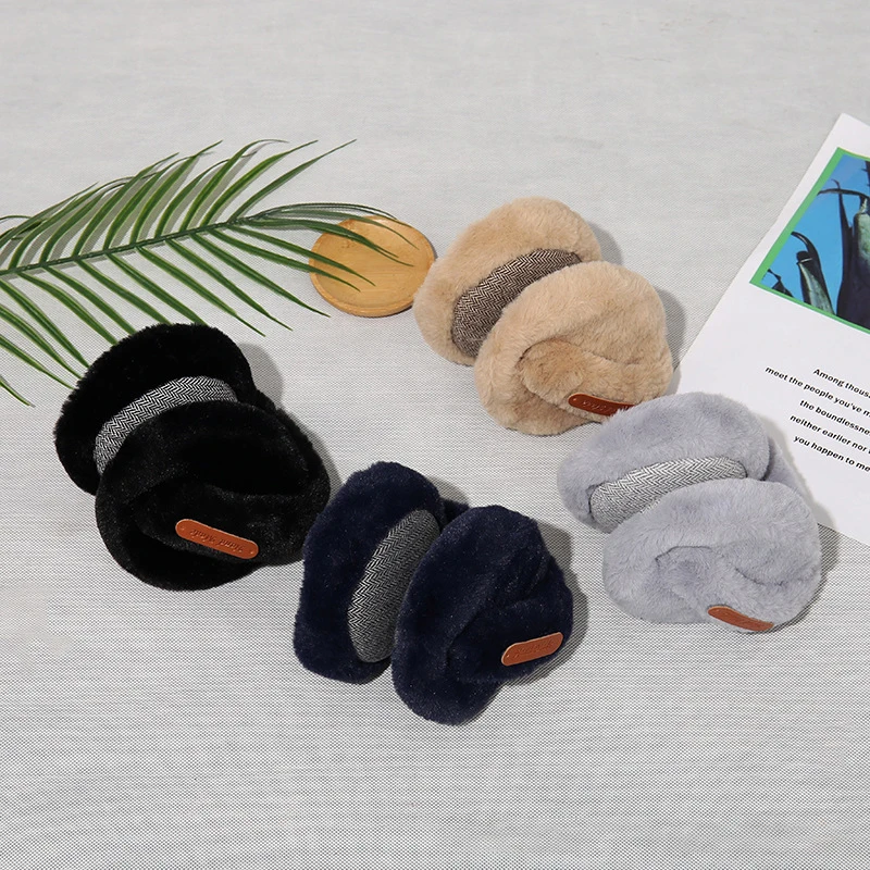 Warm plush protection cover winter headband retractable ear warmers houndstooth man earmuffs
