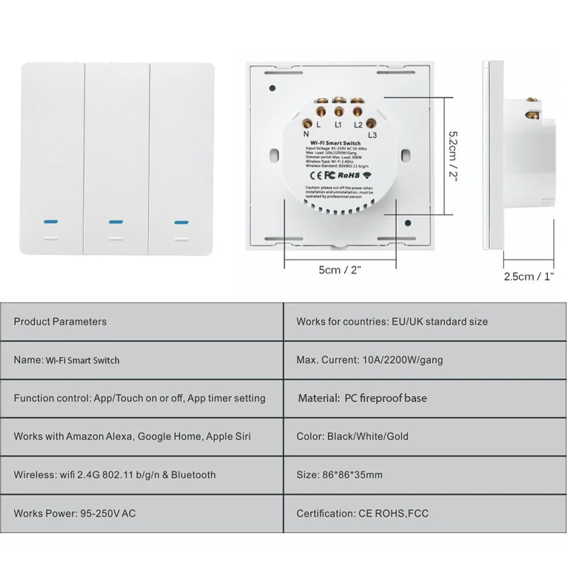 86 UK EU Type Smart Life Tuya WiFi Button Switch 3 Gang 1 Way Smart Wall Switches with Voice Control