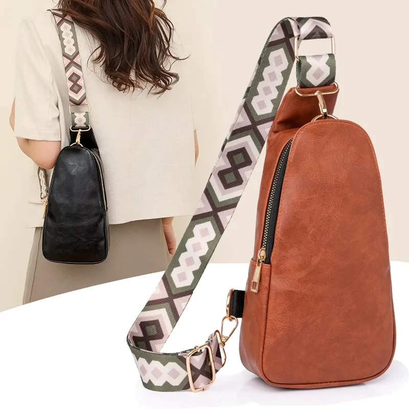 2024 New Texture PU Customize Strap Fashion Chest Bag Minimalist One Shoulder Crossbody Bag Wide Shoulder Strap for Women