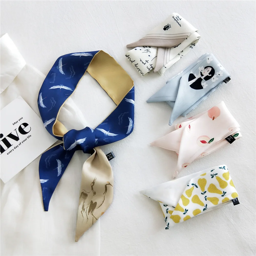 Small Silk Scarf For Women New Fruit Print Handle Bag Ribbons Brand Fashion Head Scarf Long Skinny Scarves