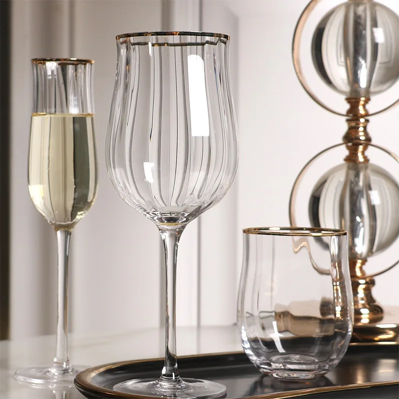 Nordic Colorful  Crystal Glass Cup Wholesale Creative Vertical Stripes Wine Glass with Gold Rim