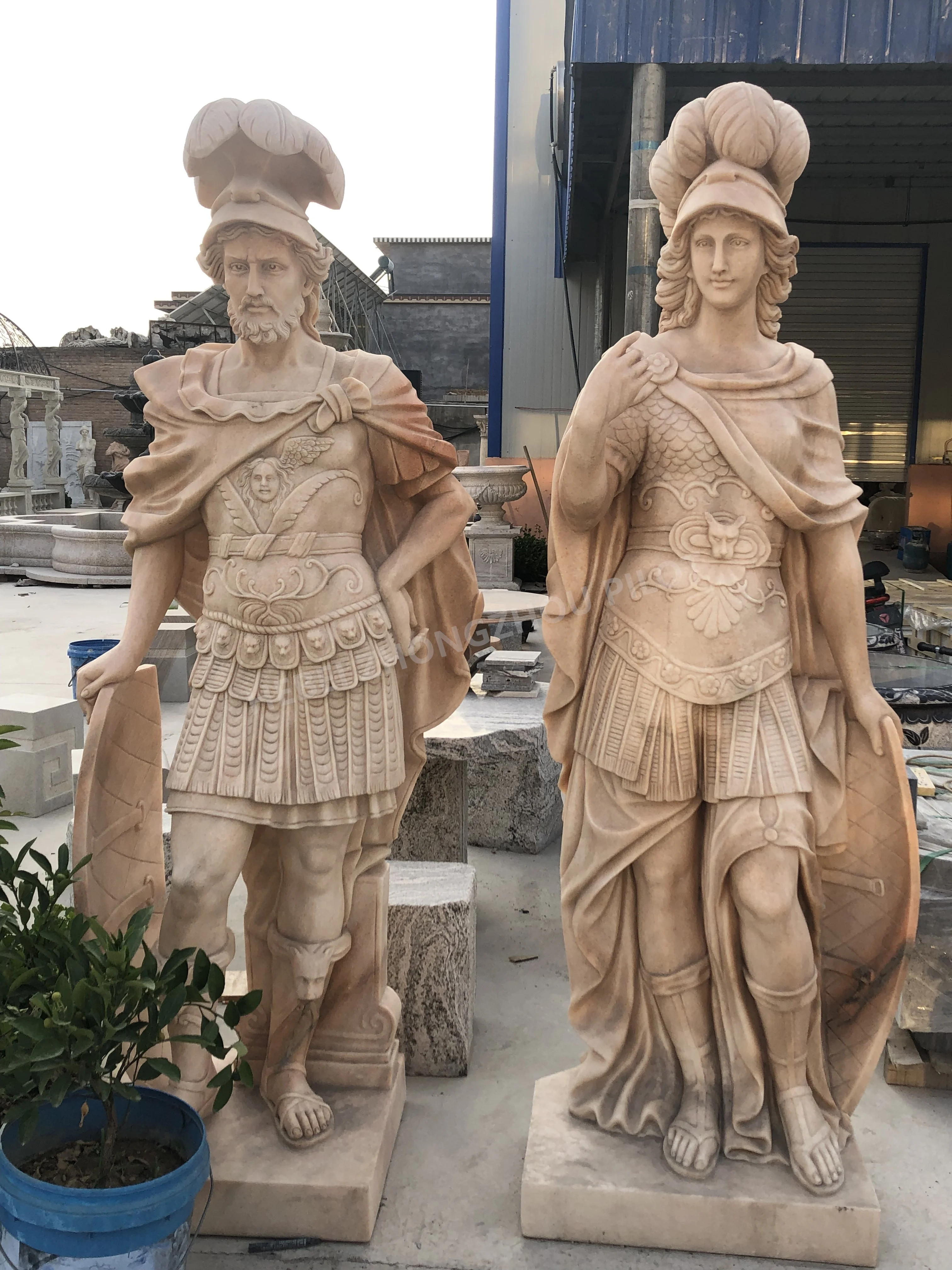 Life Size Marble Roman Soldier Statue Pair Stone Garden Man Sculpture