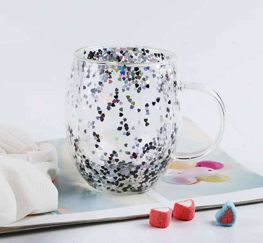 Hot Sales Insulated Sparking Star Double Wall Coffee Tea Mug Glass Cup with Handle