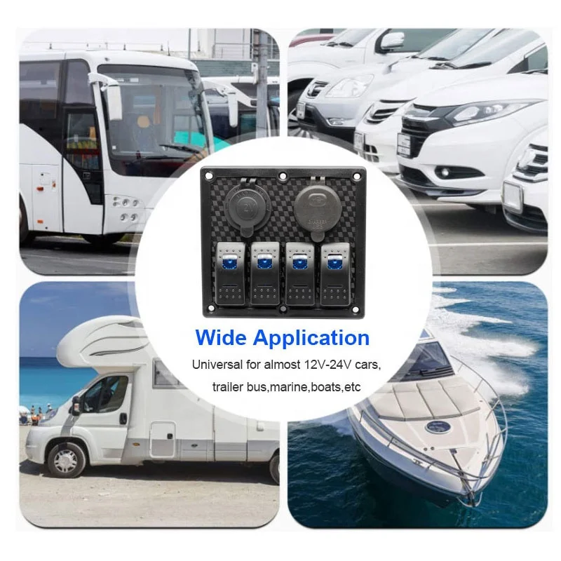 QC3.0 USB Charger Voltmeter 12V-24V DC Rocker Switch with Cigarette lighter socket 4 Gang Rocker Switch Panel