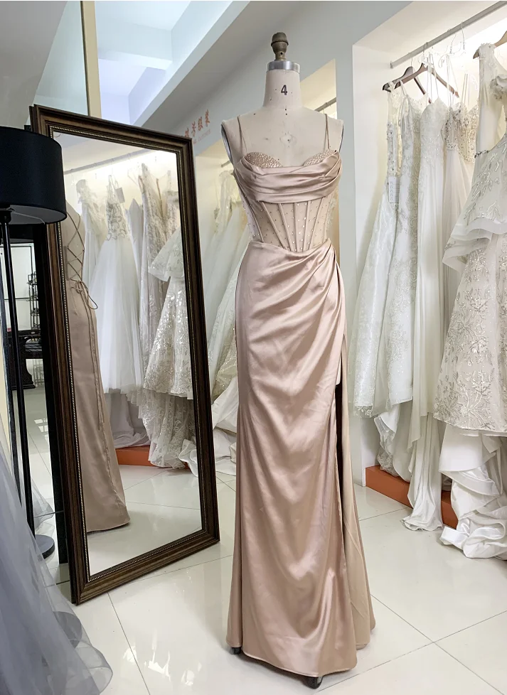 Hand pleated Hot pink Soft Drapes Square Neckline Corset Bodice Lace Up Back High Slit Rhinestones Bodice fitted Prom Dress