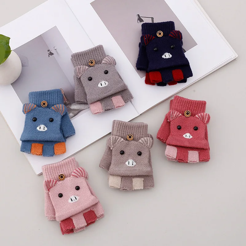 Winter Cute Cartoon Children Fingerless Glove with Mitten Cover Knit Warm Student Text Convertible Flip Top Half Finger Gloves