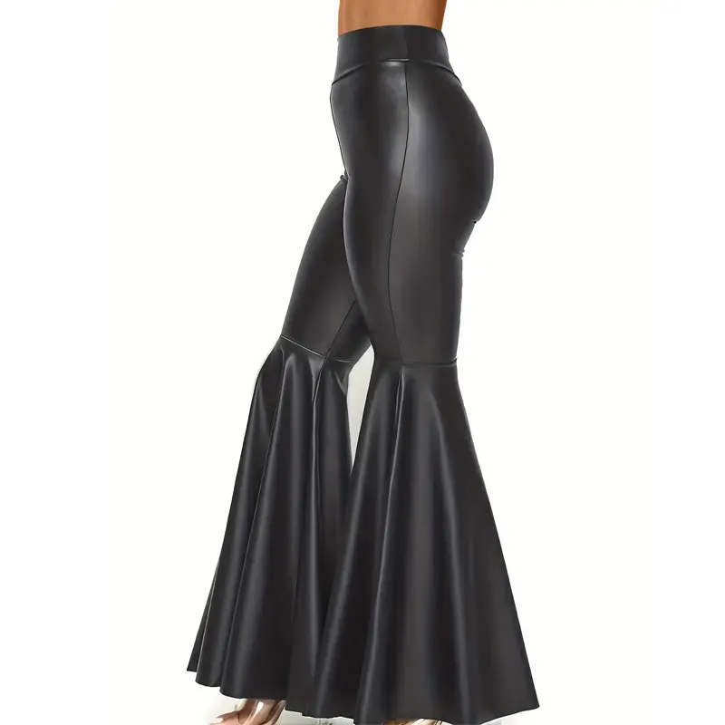 High quality custom 2024 new fashion Black pants woman bell-bottoms pu leather flare pants