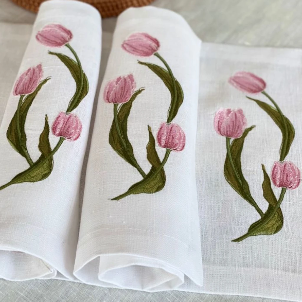 Custom Embroidered Cloth Napkins White Plant-patterned Linen Embroidery Napkin with Logo for Wedding