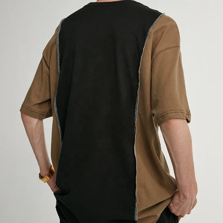 Wholesale Contrast Color Short Sleeved Plenty Stock Black Khaki Patchwork Design Plain Wholesale t Shirts