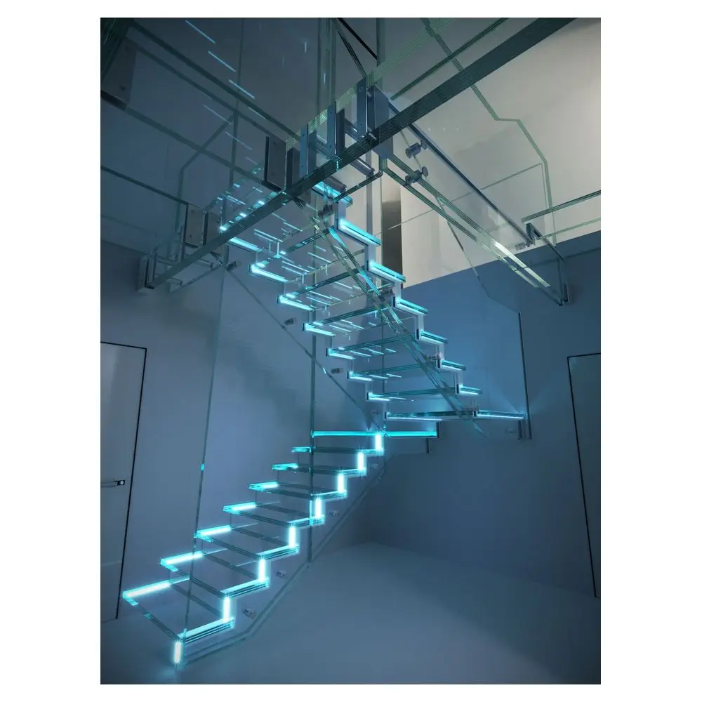 CBDMART Modern Glass Staircase Ultra-White Laminated Tempered Glass Stair Indoor Household Glass  With  LED Light