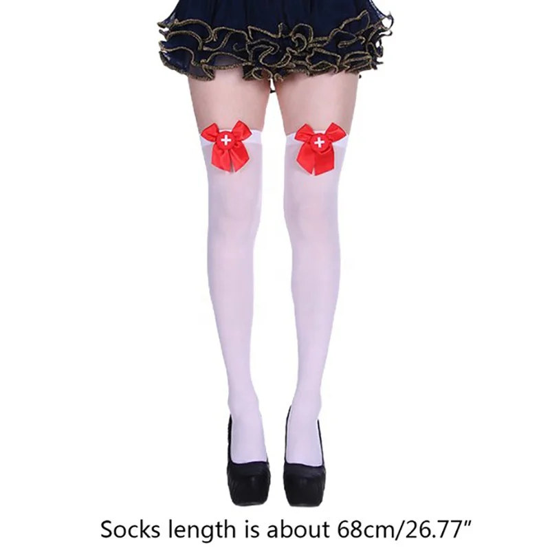 Halloween Stockings Cosplay Stockings Women Soft Knee Socks White Red Cross Bow Nurse Cosplay Socks
