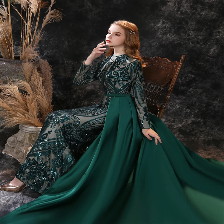 Green Embrodery Lace A-line Skirt Designer Long Sleeves Women  Evening Dresses