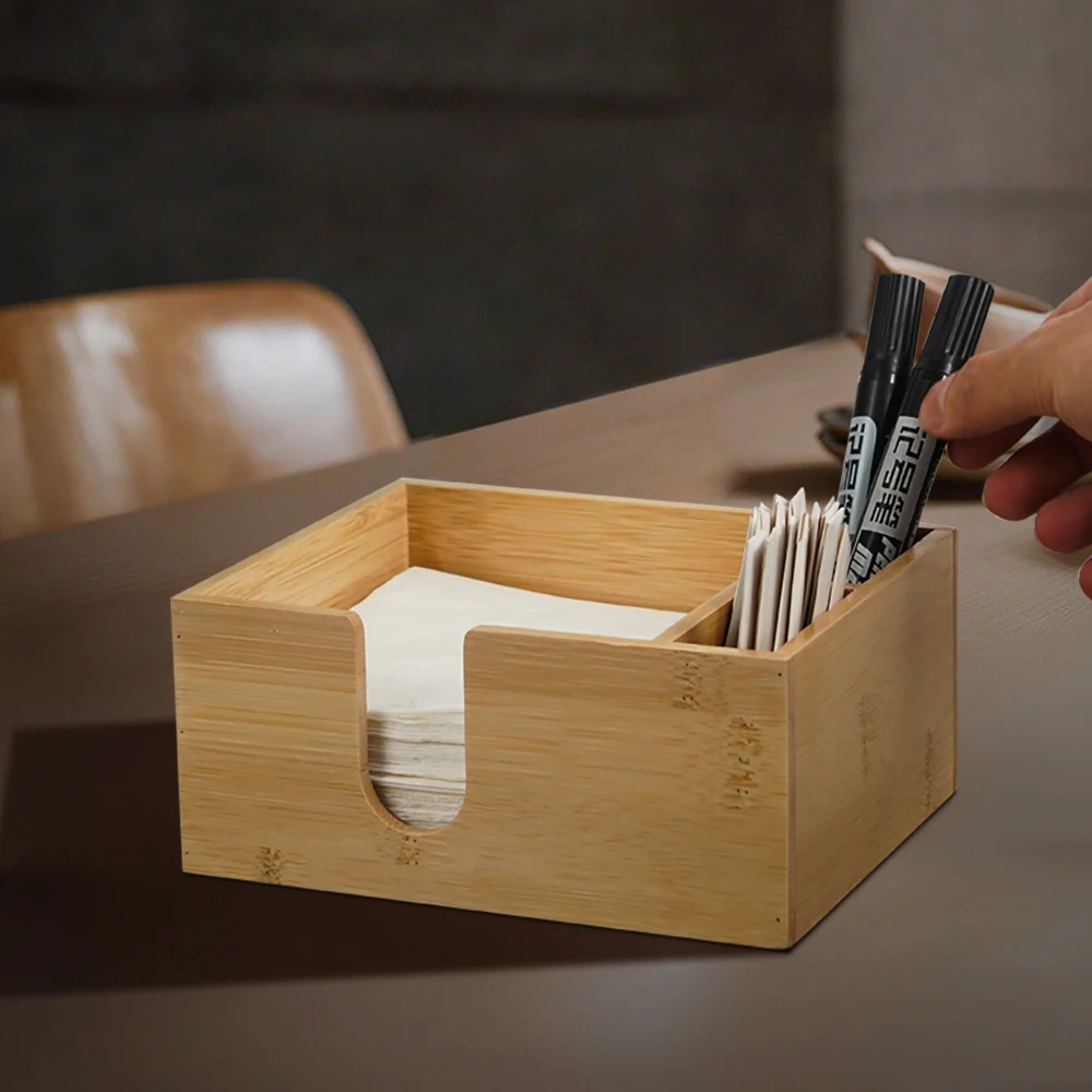 Custom Design Restaurant Home Kitchen Dining Table Bamboo Tissue Box Holder Napkin organizer with divider storage