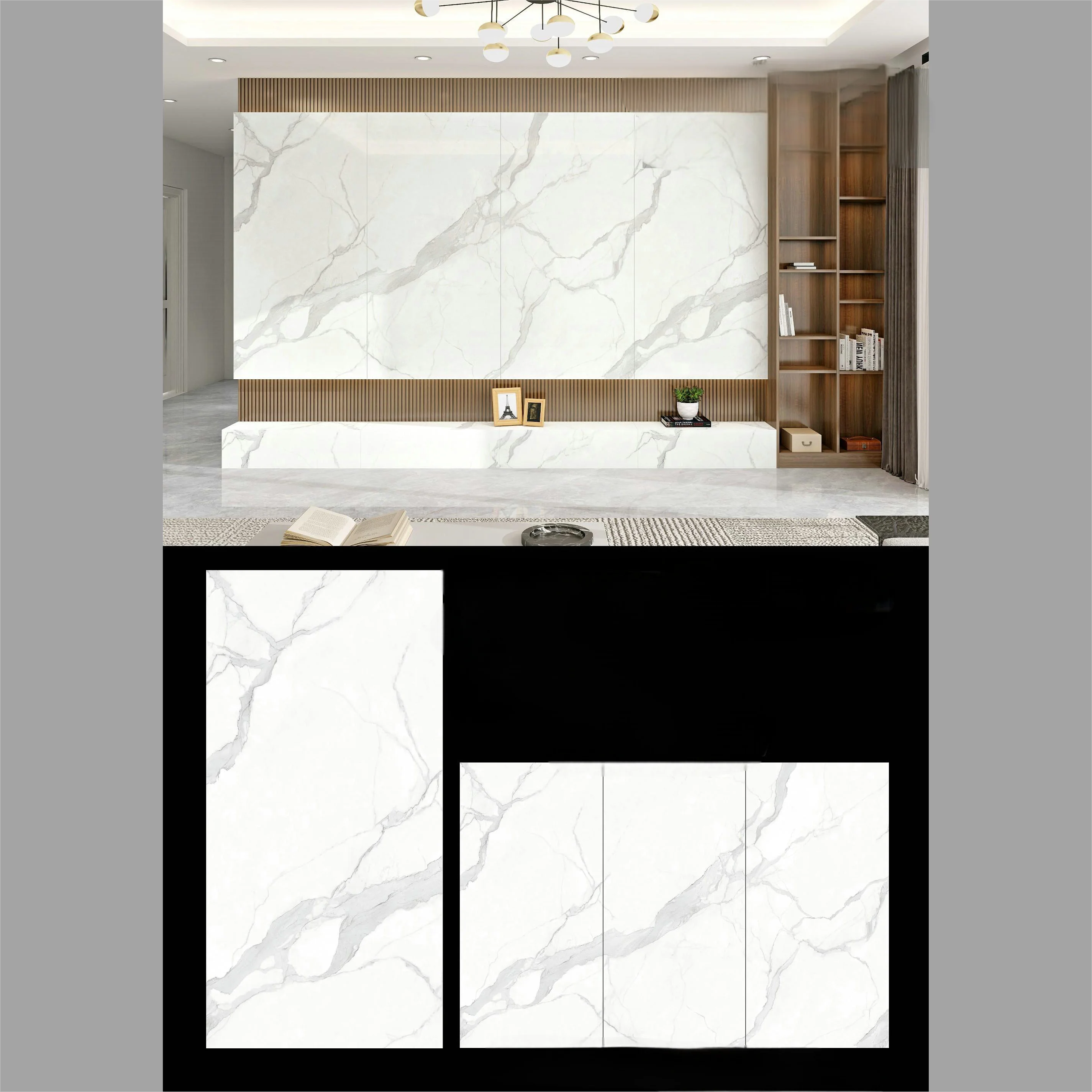 White Sintered Stone TV Backdrop 900x1800mm Polished Gray Luxury Marble Tile Floor Made in China