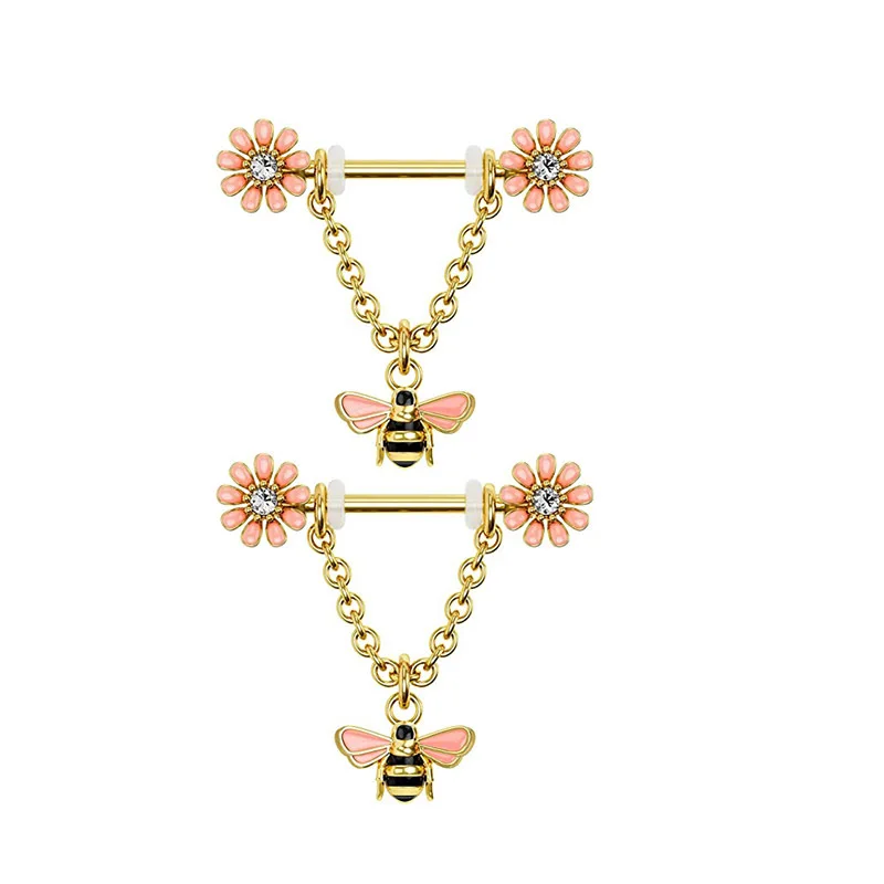 NUORO Cute 316L Stainless Steel Bee Pink Flower Cartilage Earrings CZ Septum Daith Hoop Tragus Helix Nipple Bee Piercing Jewelry
