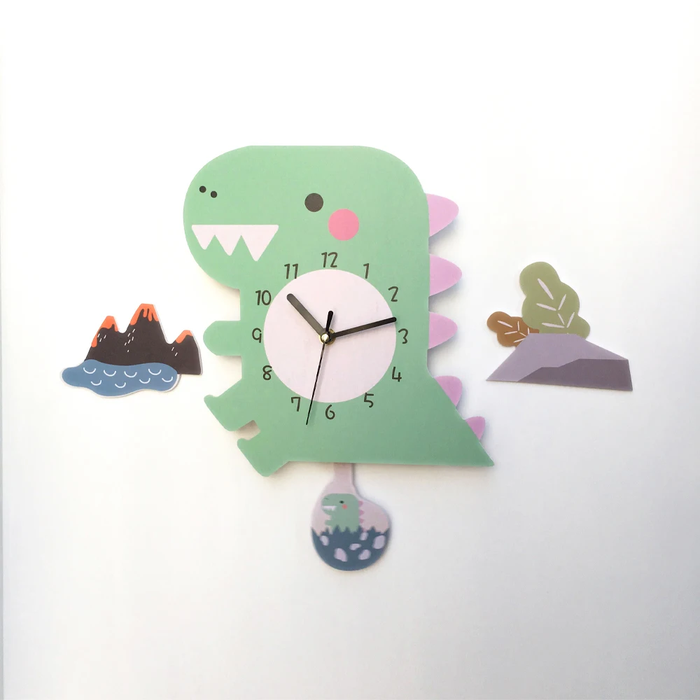 Funlife UWC014 Cartoon Wooden Wall Clock Non-Ticking Silent Animal Clock Green Dinosaur Wall Clock