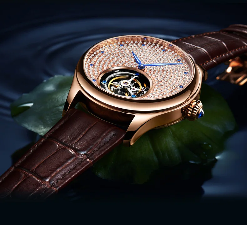 Luxury Mechanical Tourbillon Movement AESOP Watch Sapphire Glass Watch Case Bling Bling Silver Diamonds Watch Men Luxury