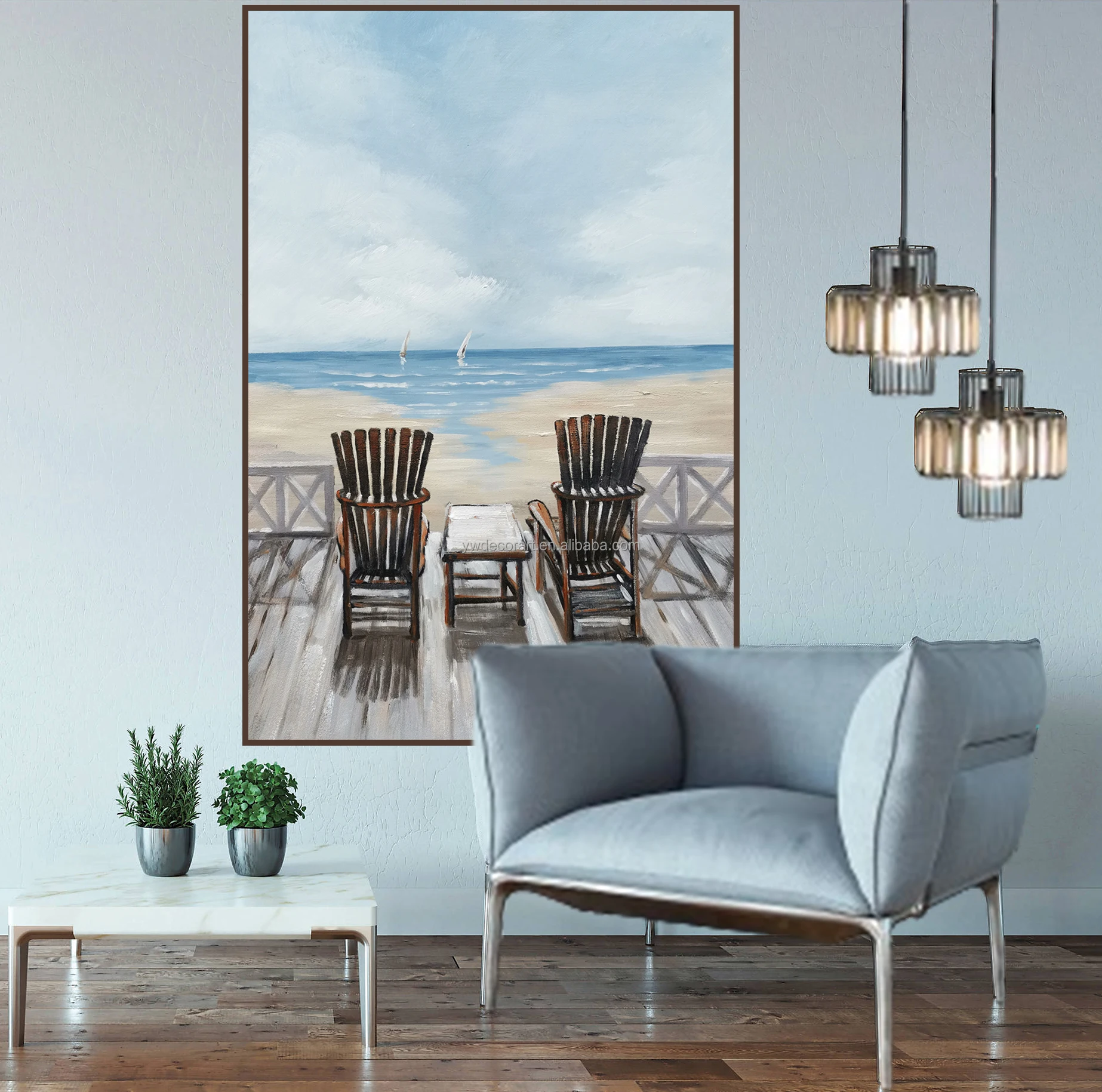 Coastal Canvas Wall Art Beach Chair Art Handmade Oil Painting Seascape Painting For Bathroom Home Wall Decor