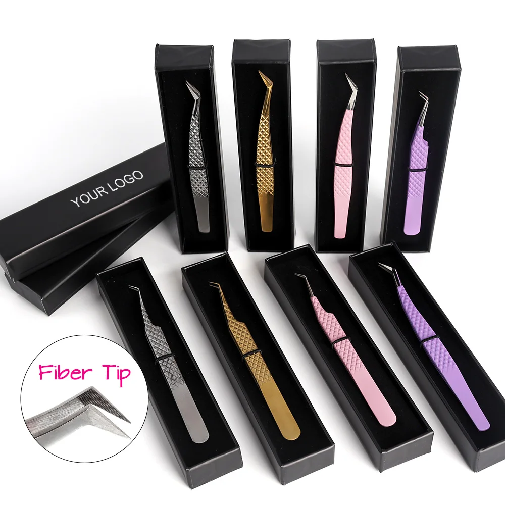Custom Logo Micro Grip Tweezer Volume Eyelash Extension Tweezers Fiber Tip Tweezers With Box