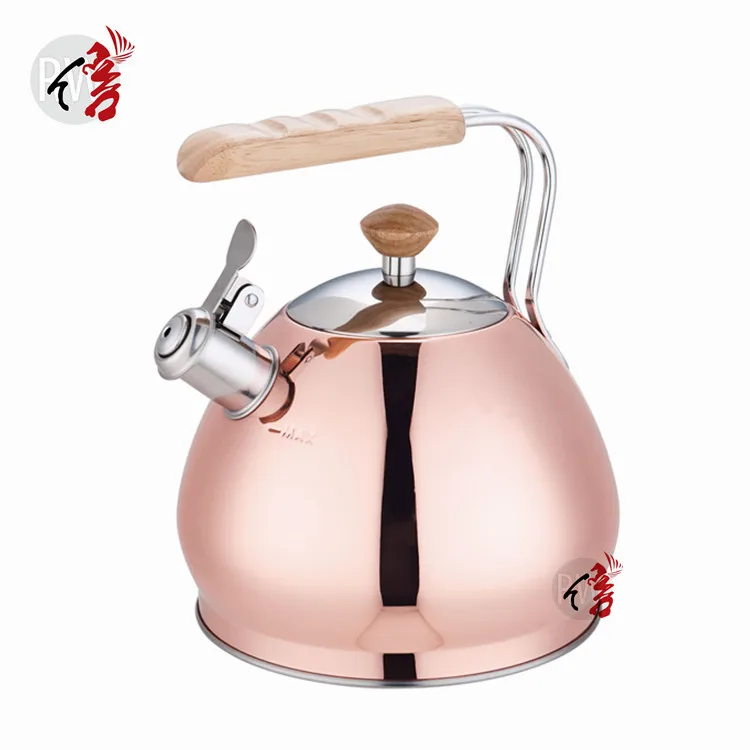 Copper color whistling stove top kettle Realwin wood handle stove kettle whistling copper color tea kettle