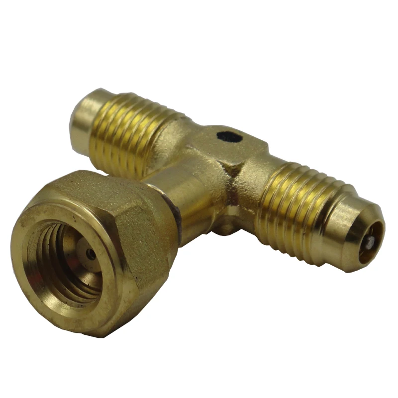 Brass TEE of 1pc FSAE to 2pcs MSAE flare is used to extend access port quantity to connect pressure sensors, gauges and others