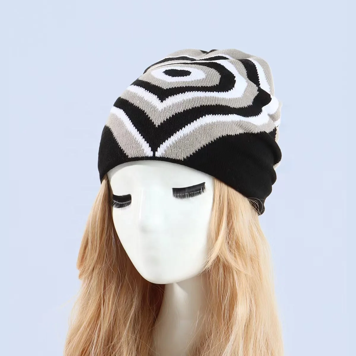 2023 Winter Kid Adult Fashion Cuffless Tuque Beanie Hat 100% Cotton Women Fashion Knitted Stripe Jacquard Skully Beanie Hat Cap