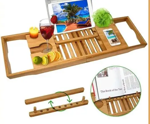 Bathtub Caddy Bamboo Bath Tub Rack Tray Bathroom Cloth Book/Pad/Tablet Holder