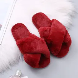 Fashionable Cozy Plush slides thick Home Wholesale clog Indoor Cross Plush Slippers Women Faux Fur Fluffy slippers