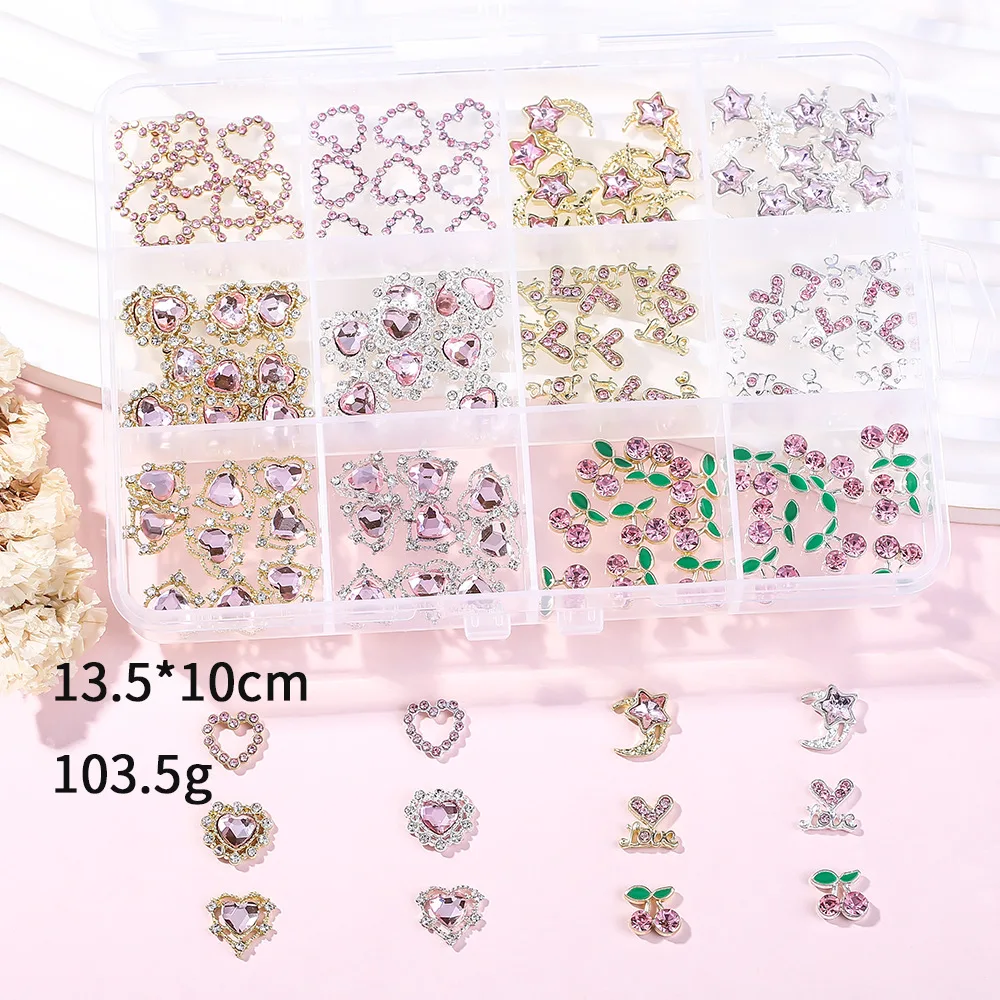 Heart Nails Charms 3D White Pink Series Red Type Alloy Crystal Cherry Rhinestone Nail Art DIY Manicure Accessories Resin Crystal
