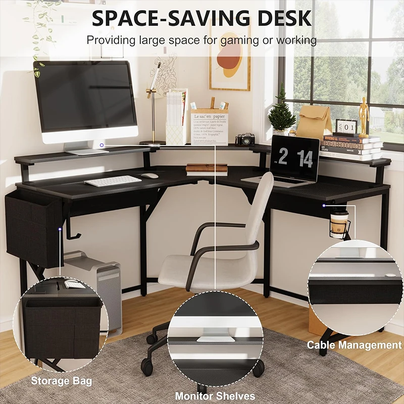 L Shaped Large Desktop Black Gaming Desk with LED Lights & Power Outlets pc gamer gaming table for home office