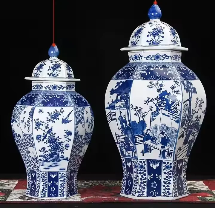 64cm High Large Blue and White Vase with lion Lid Chinese Antique Big Pot for Flowers