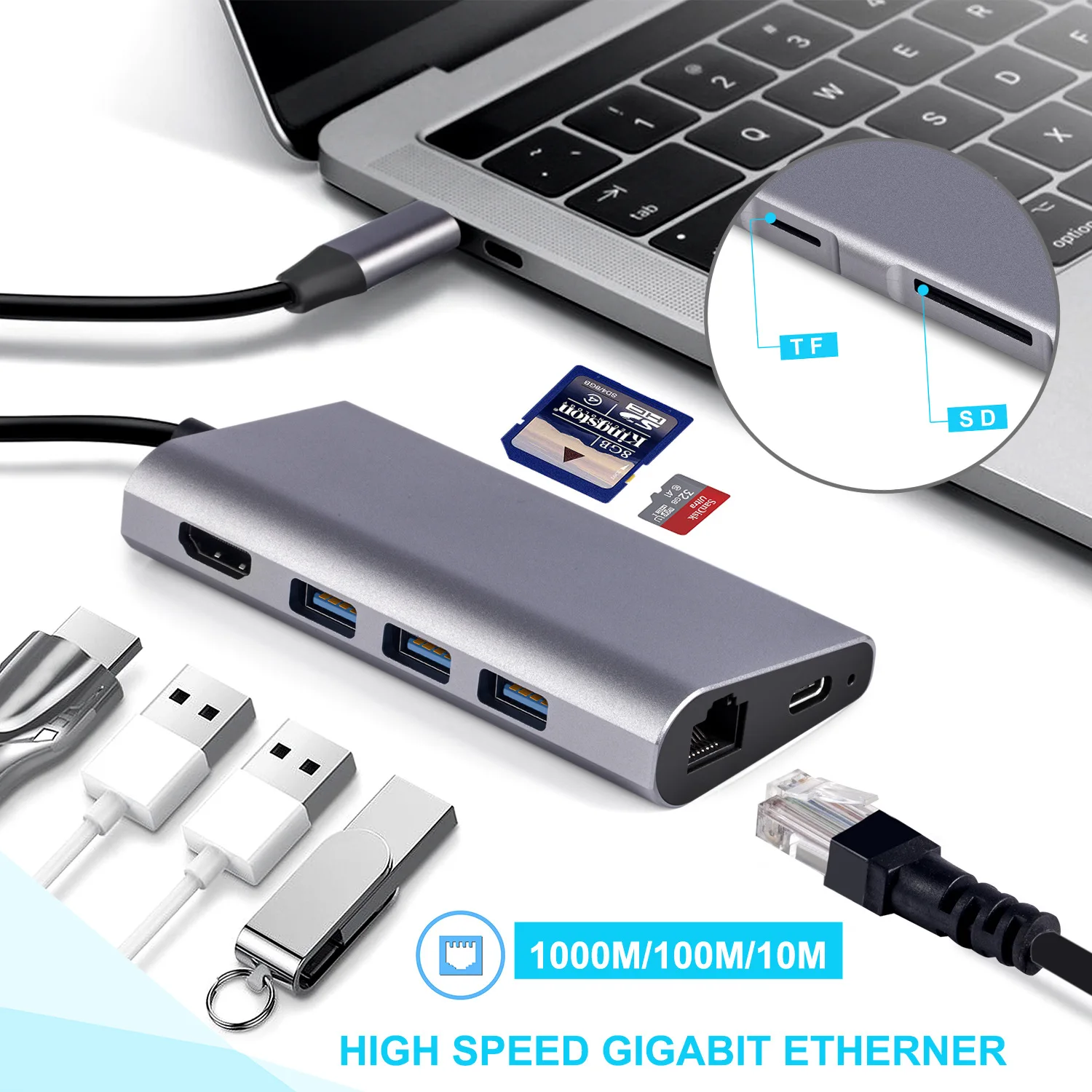  8 In 1 USB3.1 Usb C Type To HDMl +3*usb 3.0+ Rj45 Gigabit Ethernet Sd+tf Card Reader for Macbook