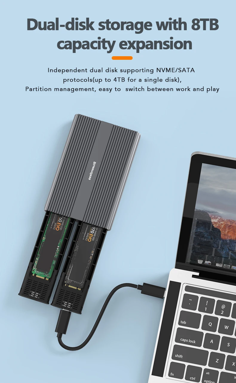 New arrival aluminum screwless dual bay m.2 nvme ssd 4tb m.2 ngff msata ssd to sata 3.0 m.2 nvme case