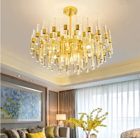 Modern simple luxury living room lobby golden chandelier glass tube villa chandelier