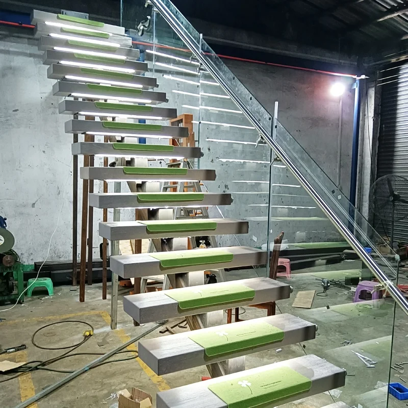 LED light  staircase  mono  stringer red oak wood  treads stairs and  tempered glass railing attic stairs design indoor